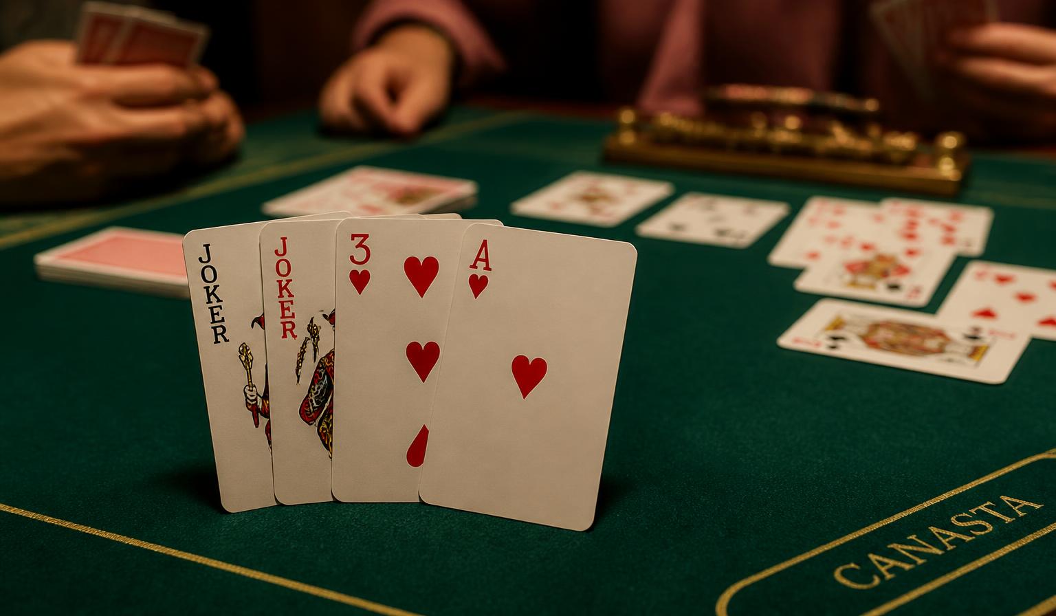 Jokers, a red three and an ace of hearts standing on a green felt Canasta table